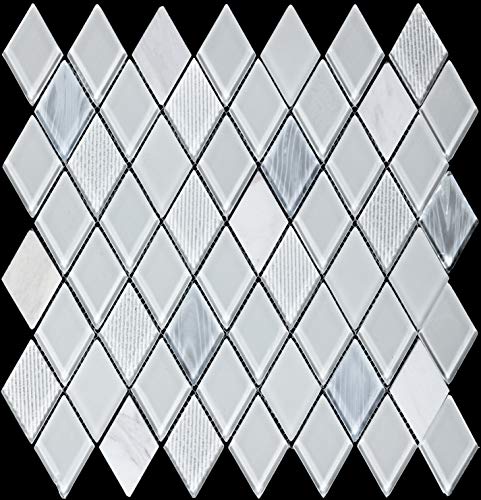 Diamond-Shaped Glass Stone Mosaic Wall Tile White Marble Mosaic Art Deco(Size: 10.9410.942.36inches)