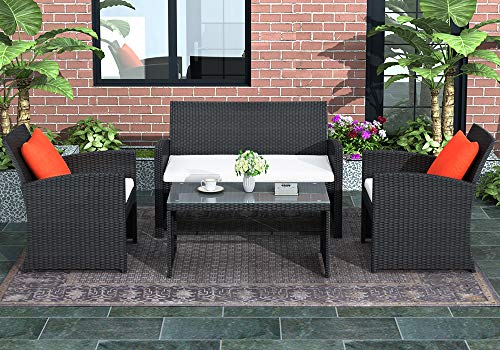 4 Pieces Outdoor Patio Sofa Set, Rattan Loveseat and Chairs with Tempered Glass Tabletop, Cushioned Seats for Garden, Lawn and Backyard (Black)