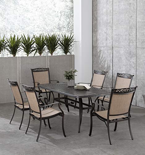 Hanover Fontana 7-Piece Dining Set with 6 Sling Chairs and a 38-in. x 72-in. Cast-Top Table, FNTDN7PCC Outdoor Furniture, Tan