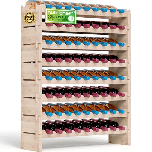 NutriChef Bamboo Stackable Wine Rack, 8-Tier 72 Bottle Capacity Wine