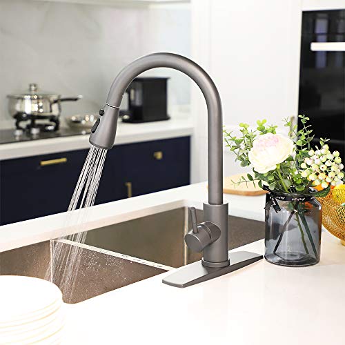 FORIOUS Gray Kitchen Faucet with Pull Down Sprayer, High Arc Single Handle Kitchen Sink Faucet with Deck Plate, Commercial Modern Rv Stainless Steel Kitchen Faucets, Grifos De Cocina