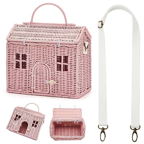 Wettarn Handmade Rattan Doll House Rattan House Shape Shoulder Bag