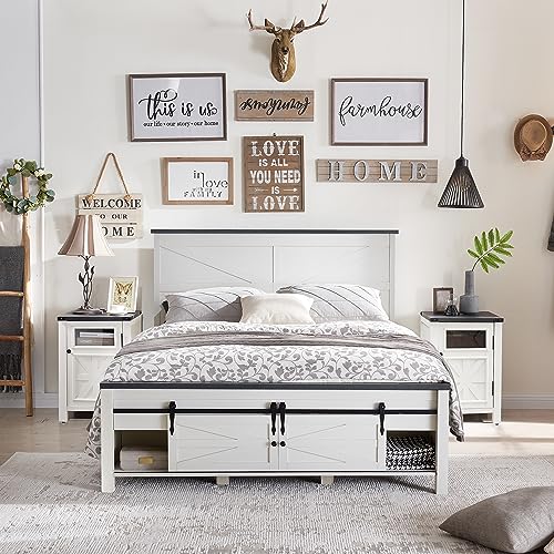 JXQTLINGMU Farmhouse Wood Bed Frame Queen Size with Sliding Barn