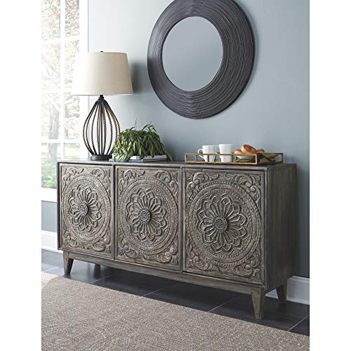 Signature Design by Ashley - Fair Ridge 3-Door Accent Cabinet - Contemporary - Hand Carved Solid Wood - Antique Gray Finish