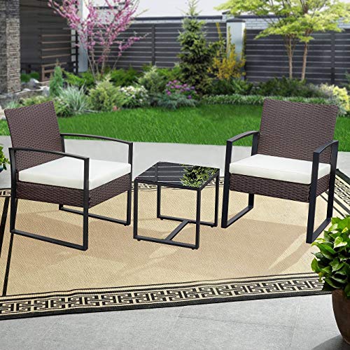 Flamaker 3 Pieces Patio Set Outdoor Wicker Patio Furniture Sets Modern Bistro Set Rattan Chair Conversation Sets with Coffee Table for Yard and Bistro (Brown and Cream)