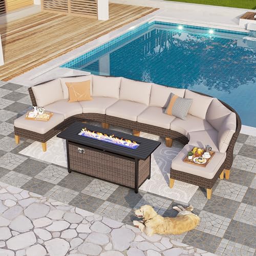 PHI VILLA 9-Piece Patio Furniture with Fire Pit Table Set