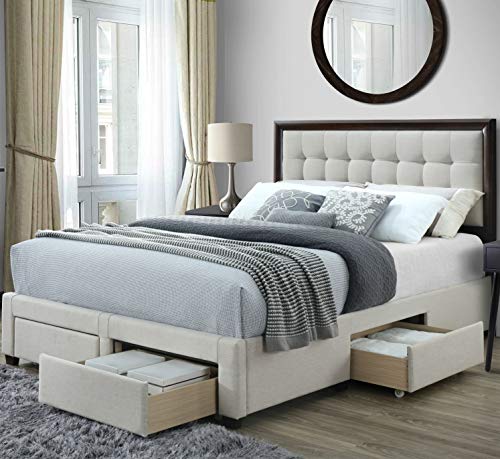 DG Casa Soloman Upholstered Panel Bed Frame with Storage Drawers and Wood Trim Tufted Headboard, Queen Size in Beige Linen Style Fabric