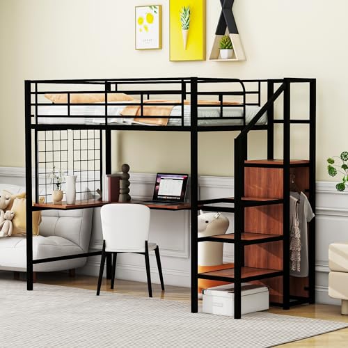 FRANSOUL Loft Bed Twin Size with Desk and Storage Stairs,