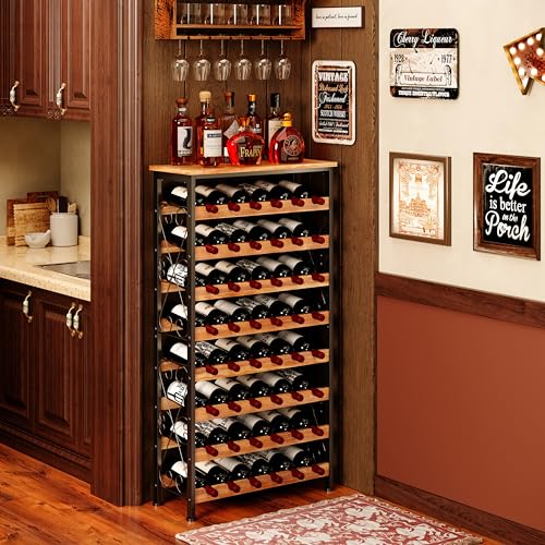 48 Bottles Floor Wine Rack with Wood Top, Freestanding Wine