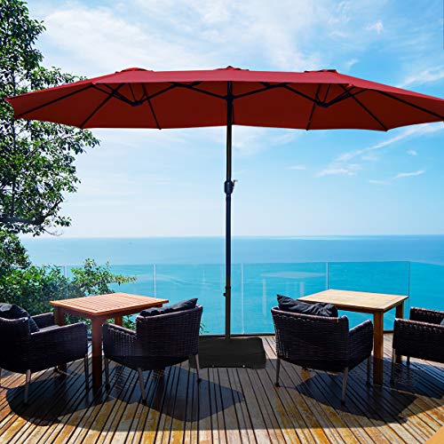 Tangkula 15 Ft Patio Double Sided Umbrella with Base, Outdoor Extra Large Market Umbrella with Crank Handle, Outdoor Twin Table Umbrella Base Included, Umbrella with Crank and Base (Wine)