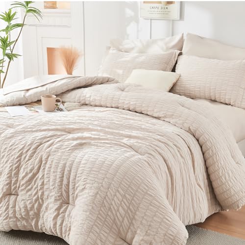 HYMOKEGE Beige Queen Comforter Set Seersucker 7 Pieces, All Season