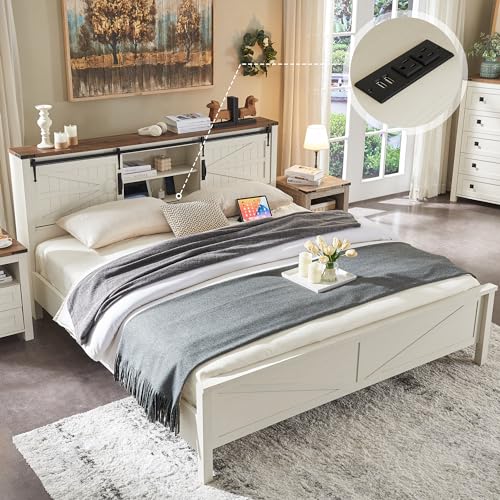 T4TREAM Farmhouse Queen Size Bed Frame w/Storage Bookcase Headboard, Sliding