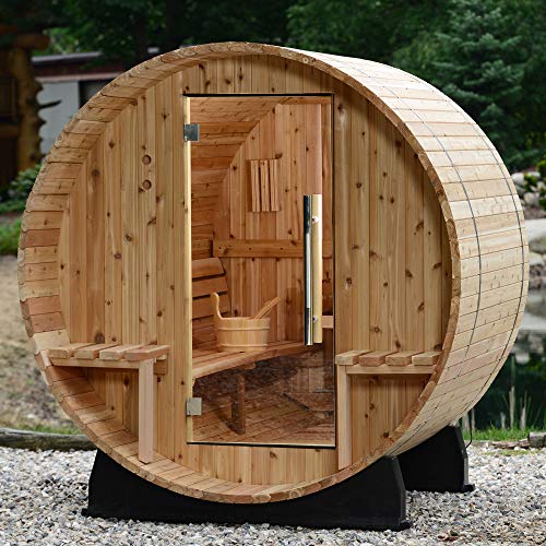 SuperiorBrands 2-4 Person Canopy Barrel Sauna, 4.5kw Heater Size, 220V, Interior LED Light Indoor or Outdoor Usage in Rustic Cedar Lumber - Made in The USA