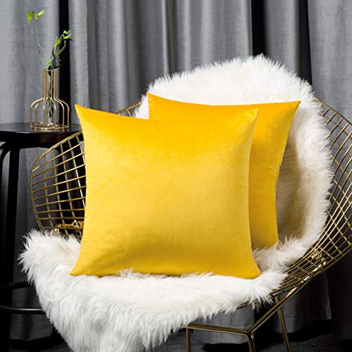 AVOE Pack of 2 Velvet Throw Pillow Covers, Decorative Square Throw Cushion Case Pillowcase for Couch Sofa Bedroom(18x18 inch, Yellow)