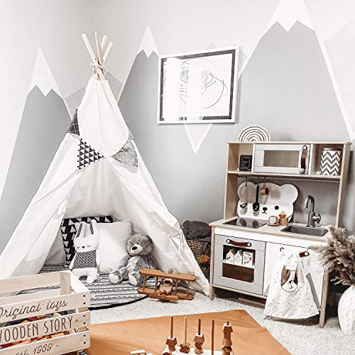 little dove Kids Foldable Teepee Play Tent with Carry Case, Banner, Fairy Lights, Feathers, Floor Mat , Four Ploes Style Raw White Color - New Version