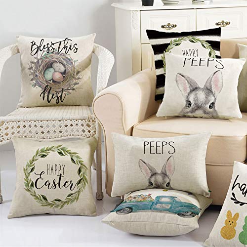 AVOIN Truck Rabbit Happy Easter Throw Pillow Cover, 12 x 20 Inch Nest Easter Egg Peeps Cushion Case for Sofa Couch Set of 4