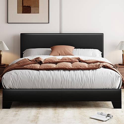 Allewie Full Size Bed Frame with Adjustable Headboard, Faux Leather