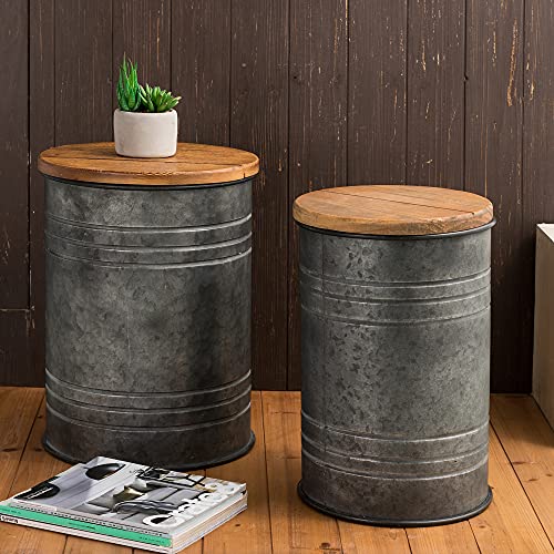 Glitzhome Rustic Storage Ottoman Seat Stool, Farmhouse End Table, Galvanized Metal Accent Side Table Toy Box Bin with Round Wood Lid for Living Room Furniture, Nesting Pieces Two, Grey