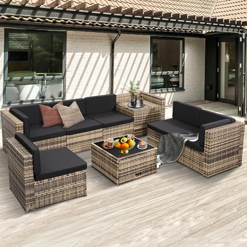 KROFEM 8 Pieces Outdoor Wicker Rattan Patio Furniture Sectional Set,