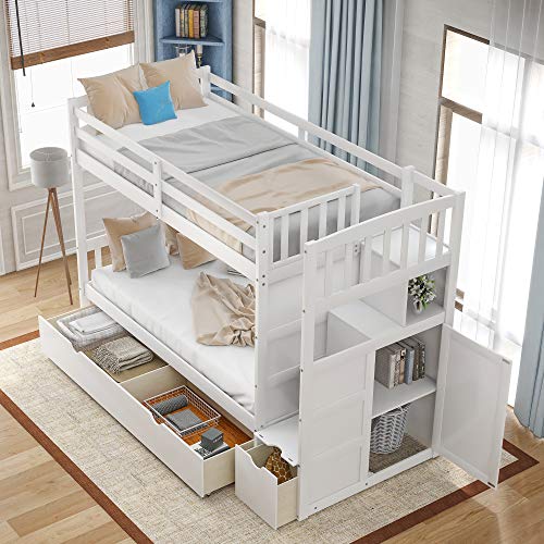 SOFTSEA Twin Over Full Bunk Bed with Drawers and Staircase,Convertible