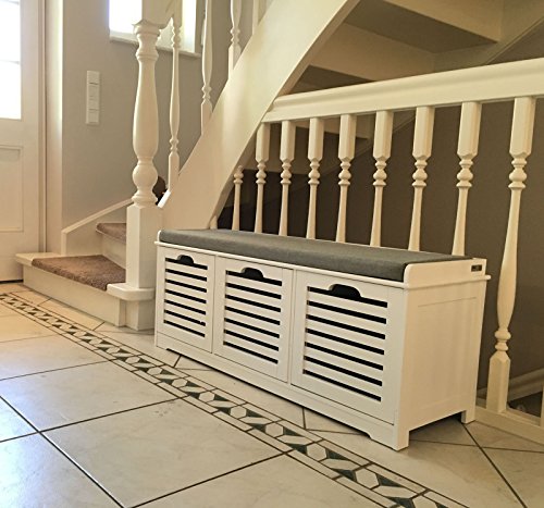 Haotian FSR23-W, White Storage Bench with 3 Drawers & Padded Seat Cushion, Hallway Bench Shoe Cabinet Shoe Bench