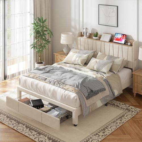 Sismplly Full Size Bed Frame, Upholstered Platform Bed with Storage