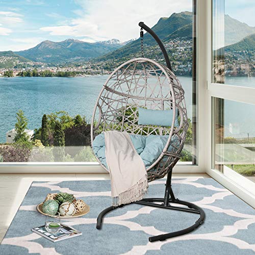 Peak Home Furnishings Patio Wicker Hanging Basket Swing Chair Indoor Outdoor Teardrop Chair Hammock Egg Chair with Stand and Cushion (Blue)