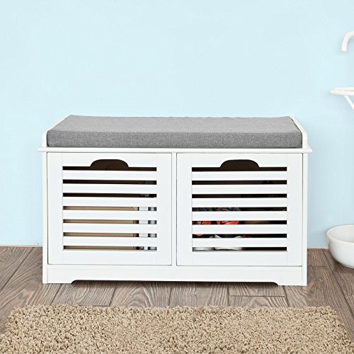 White Storage Bench with 2 Drawers & Removable Seat Cushion