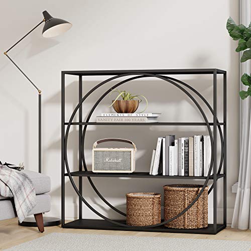 Nathan James Echo Modern 4-Shelf Bookcase, Unique Bookshelf with a Circle or Geometric Design Iron Frame, Black