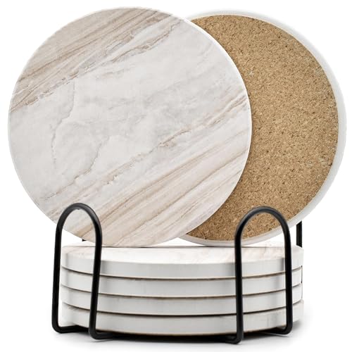 6Pcs Drink Coasters with Holder, Marble Style Ceramic Drink Coaster,