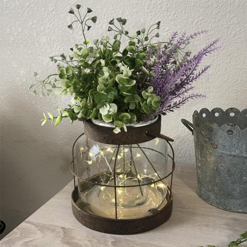 Vintage Glass Farmhouse Vase, Rustic Lantern Decor with Plants Lavenders