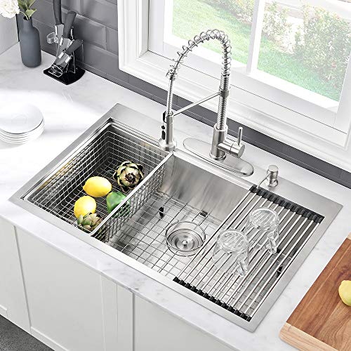 33 Drop In Stainless Steel Sink-VASOYO Kitchen Sink 33 x 22 Drop In Single Bowl Topmount Workstation Kitchen Sink Deep 16 Gauge R10 Stainless Steel Kitchen Sink with Grid & Drain & Cutting Board