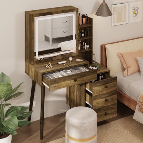 HEYNEMO Makeup Vanity Table with Sliding Lighted Mirror, Dressing Table