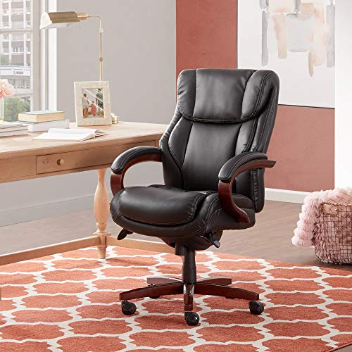 La Z Boy Bellamy Executive Office Chair with Memory Foam Cushions, Solid Wood Arms and Base, Waterfall Seat Edge, Bonded Leather Black