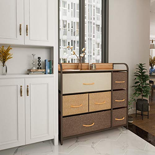 Kamiler 7-Drawers Dresser, 3-Tier Storage Organizer, Tower Unit for Bedroom/Hallway/Entryway/Closets - Sturdy Steel Frame, Wooden Top, Removable Fabric Bins (Cream)