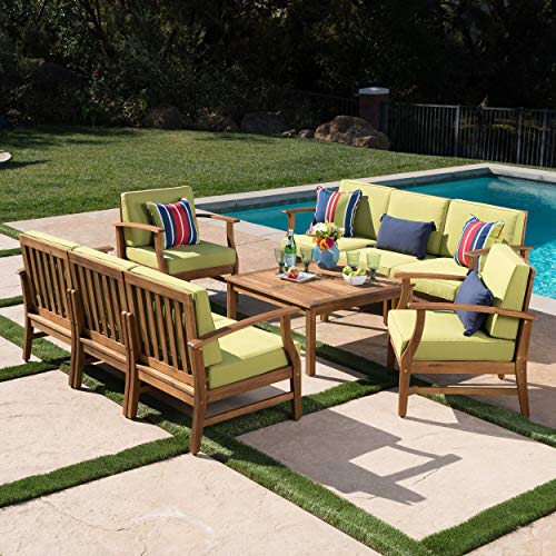 Lorelei Outdoor 8 Seater Teak Finished Acacia Wood Double Sofa and Club Chair Set with Green Water Resistant Cushions