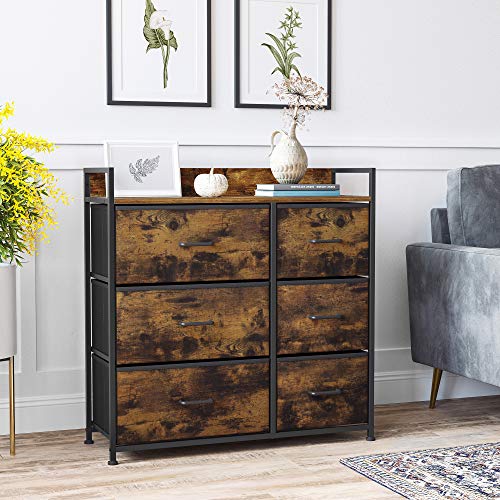 SONGMICS Drawer Dresser, Closet Storage Dresser, Chest of Drawers, 6 Fabric Drawers and Metal Frame with Handles, Rustic Brown and Black ULTS123B01