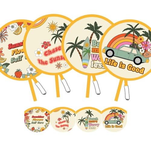 SUJJY 4 Pack Beach Style Hand Fan, Foldable Multi-Role Round