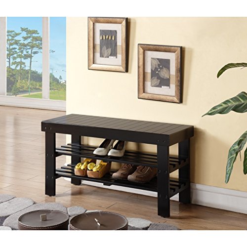 Black Finish Solid Wood Storage Shoe Bench Shelf by eHomeProducts