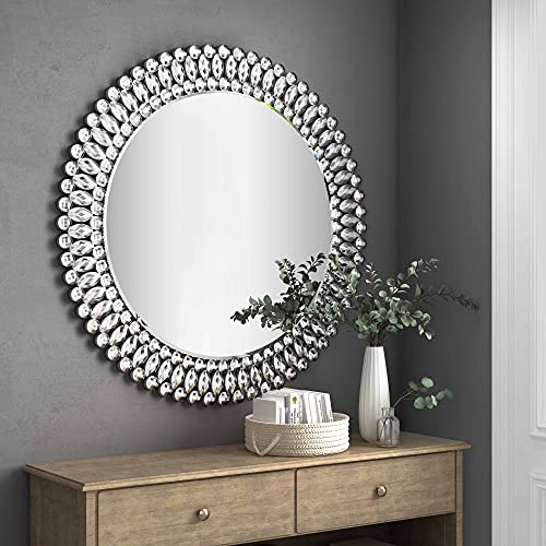 MUAUSU Round Decorative Wall Mirror - Elegant Crystal Accent Circle Mirrors Large Modern Luxury Diamond Fancy Silver Mirror 32