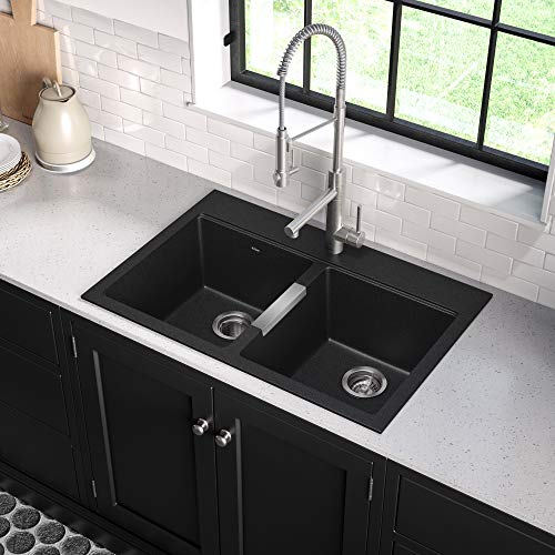 Kraus Quarza Kitchen Sink, 33-Inch Equal Bowls, Black Onyx Granite, KGD-433B model