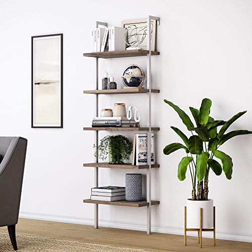 Nathan James Theo 5-Shelf Wood Ladder Bookcase with Metal Frame, Natural Brown/White