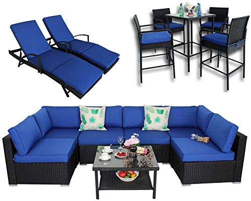 Patio Garden Big Sectional Black Rattan Furniture Set | 7 Piece-B Sofa | 2 Piece Lounge Chaise | 5 Piece Bar Set(14 Piece, Royal Blue)