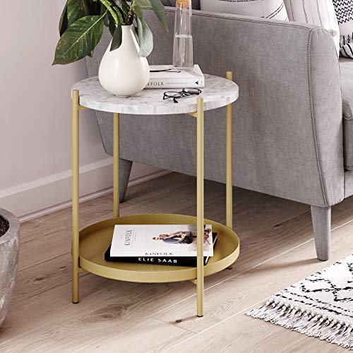 Nathan James Alexis Faux Marble Round End Side Table with Brass Metal Frame Storage, White/Gold