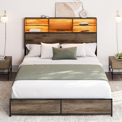 BELLEZE Queen Size Bed Frame with Storage Headboard, Sturdy Metal