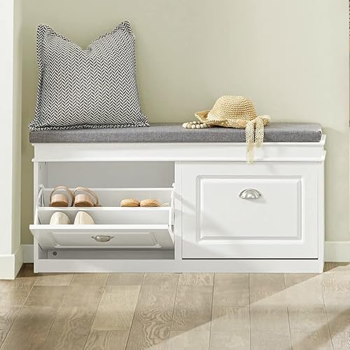 Haotian FSR64-W, White Shoe Storage Bench with 2 Flip Drawers