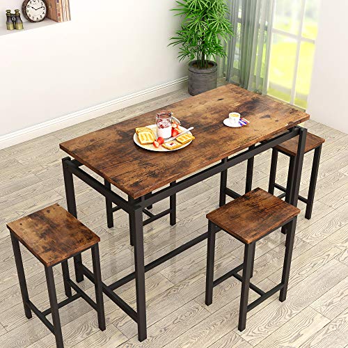 MIERES Dining Table Set for 4 - 5pcs Kitchen Counter with Bar Stools, Sturdy Metal Frame Home | Pub | Living Room | Breakfast Nook Furniture-34.7"H, Vintage Brown