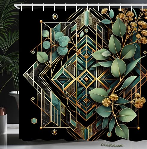 Ambesonne Eucalyptus Leaves Shower Curtain, Art Deco Inspired Geometric Rhombus