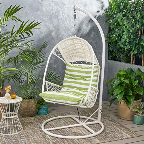 Christopher Knight Home 311862 Amanda Wicker Hanging Chair with Stand, White, Green