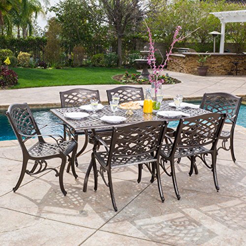 Christopher Knight Home 296592 Odena Outdoor Cast Aluminum Dining Set - 7 Piece Rectangular Table and Patio Chairs Garden Furniture Set